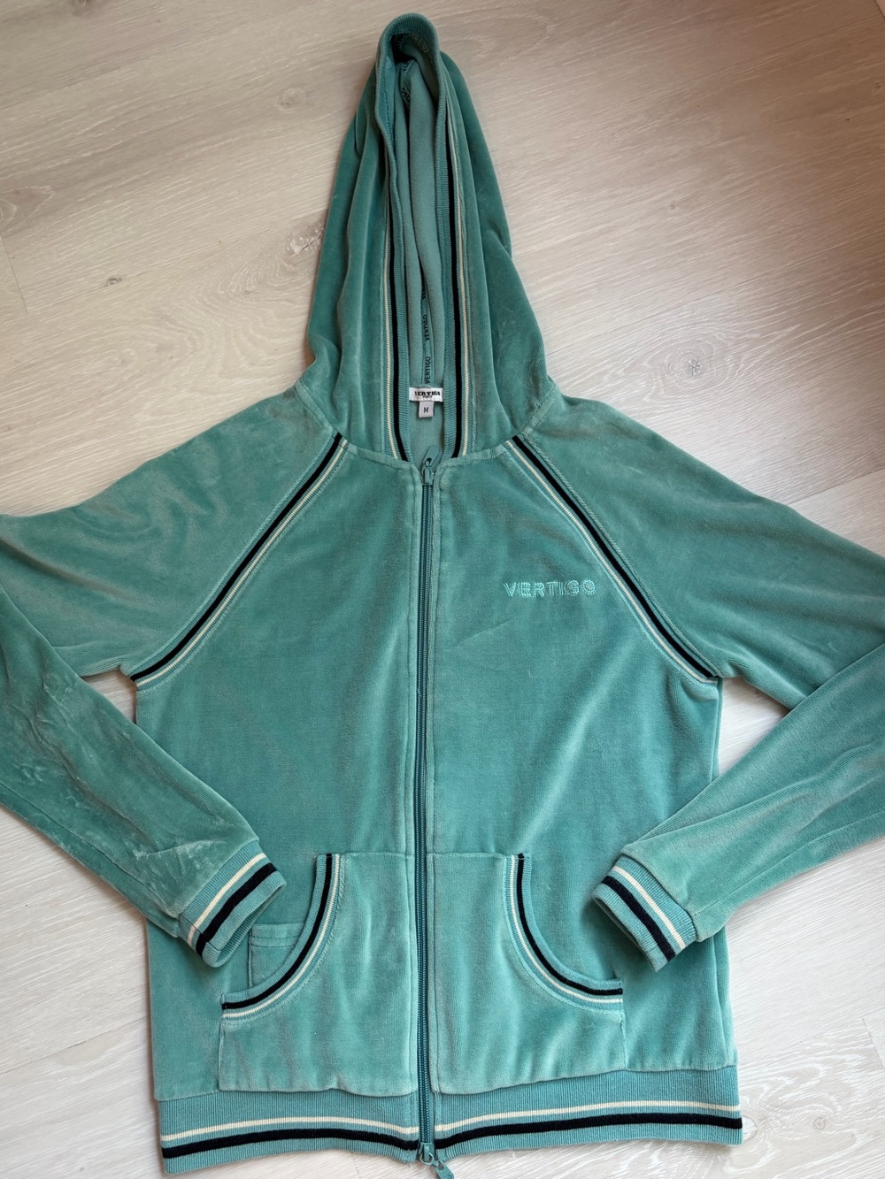 Rare Early 2000s Vertigo Paris teal velour zip up hoodie